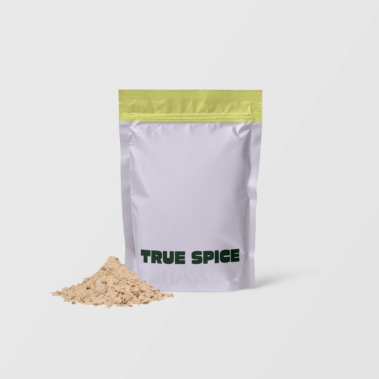 True Spice Shiitake mushroom powder in pouch with powdered extract in front.