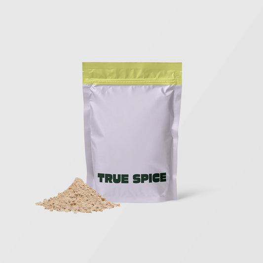 True Spice Lion’s Mane mushroom powder in white pouch with green logo